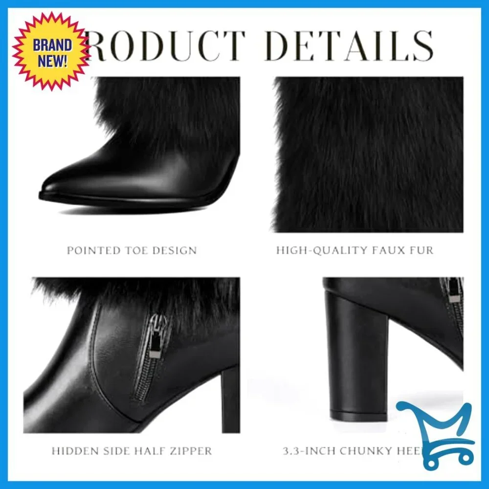 Faux Fur Mid Calf Boots with Chunky Heel and Side Zipper for Winter